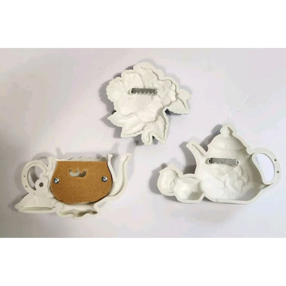 Vintage 1995 Burwood Floral Teapots & Bouquet 3 pc Wall Art Hanging Decor Set